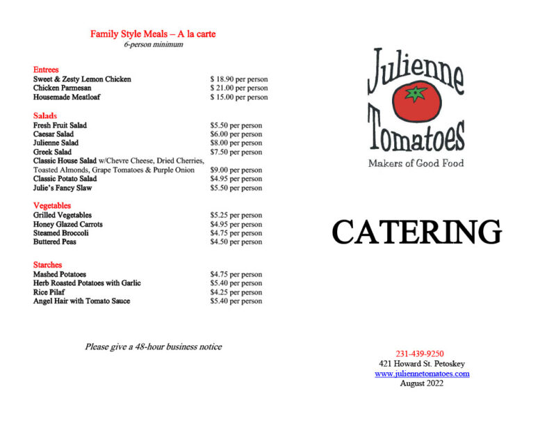 Catering Menu Julienne Tomatoes